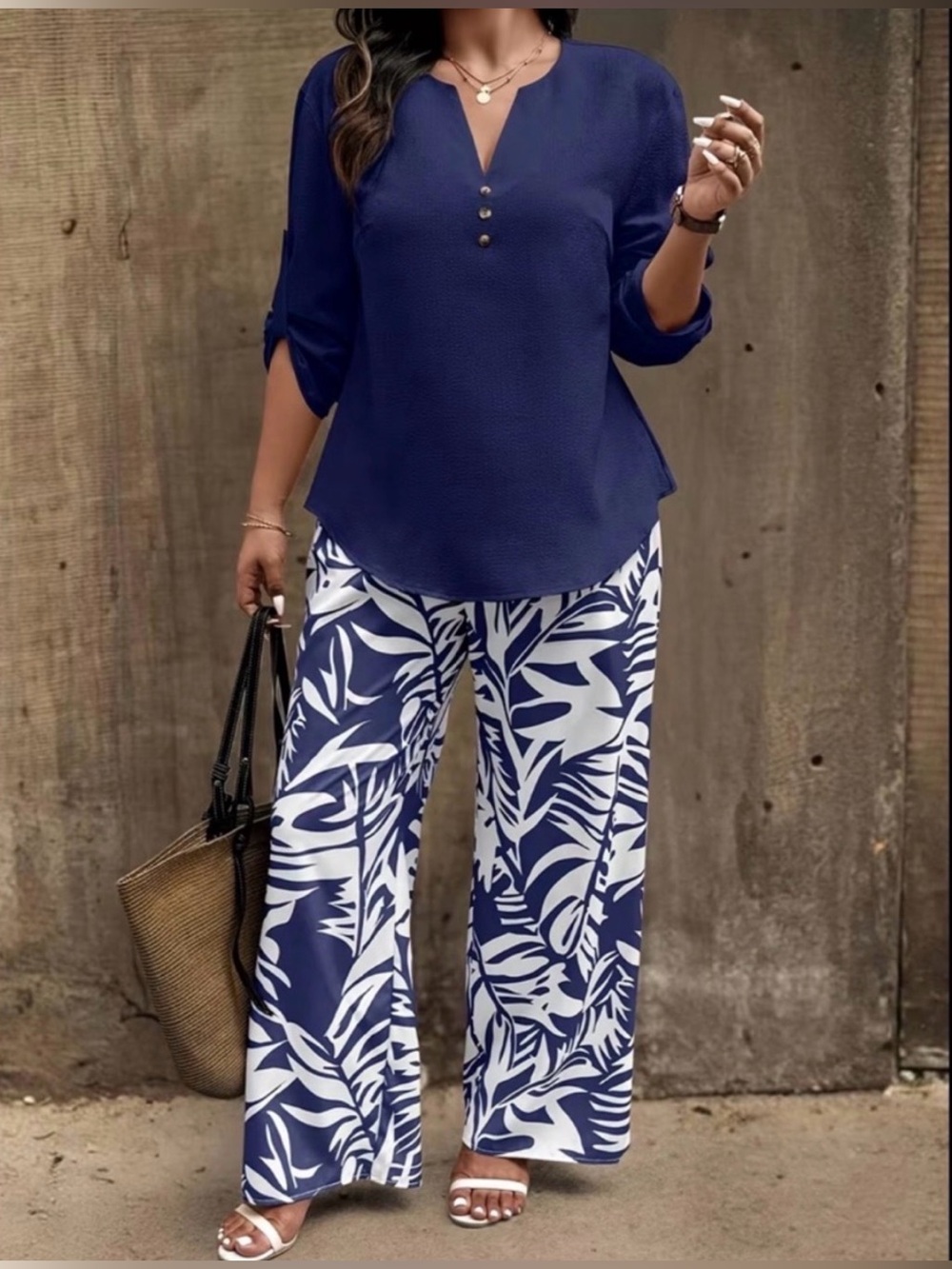 #1296 Two Piece Navy Blue Top & Floral Pants Set